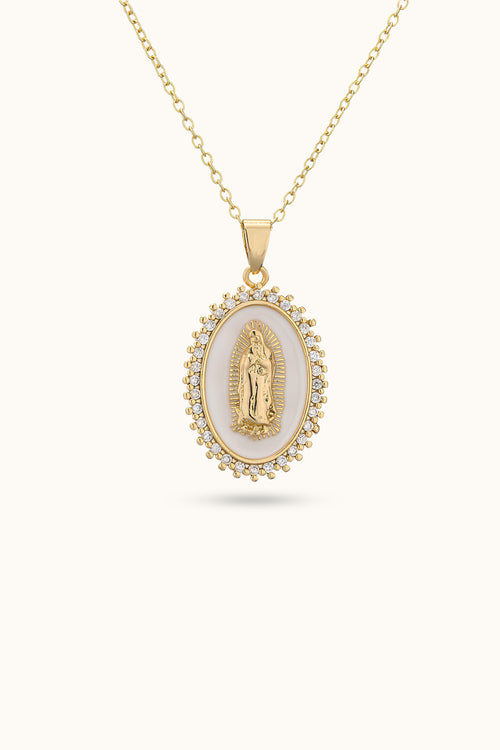Virgin Diamond Pearl Mary Pendant Necklace