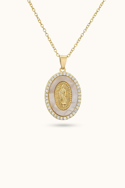 Diamond Pearl Mary Pendant Necklace