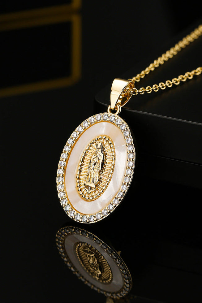 Pearl Diamond Virgin Mary Pendant Necklace