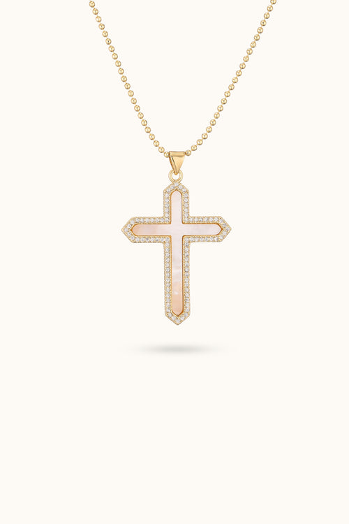 White Shell Diamond Cross Pendant Necklace